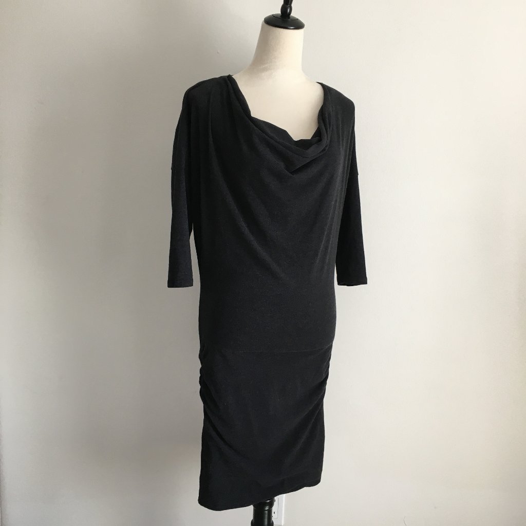James Perse Dolman 3/4 Sleeve Dark Gray Cowl Neck Ruching Side 2ply Bottom Dress